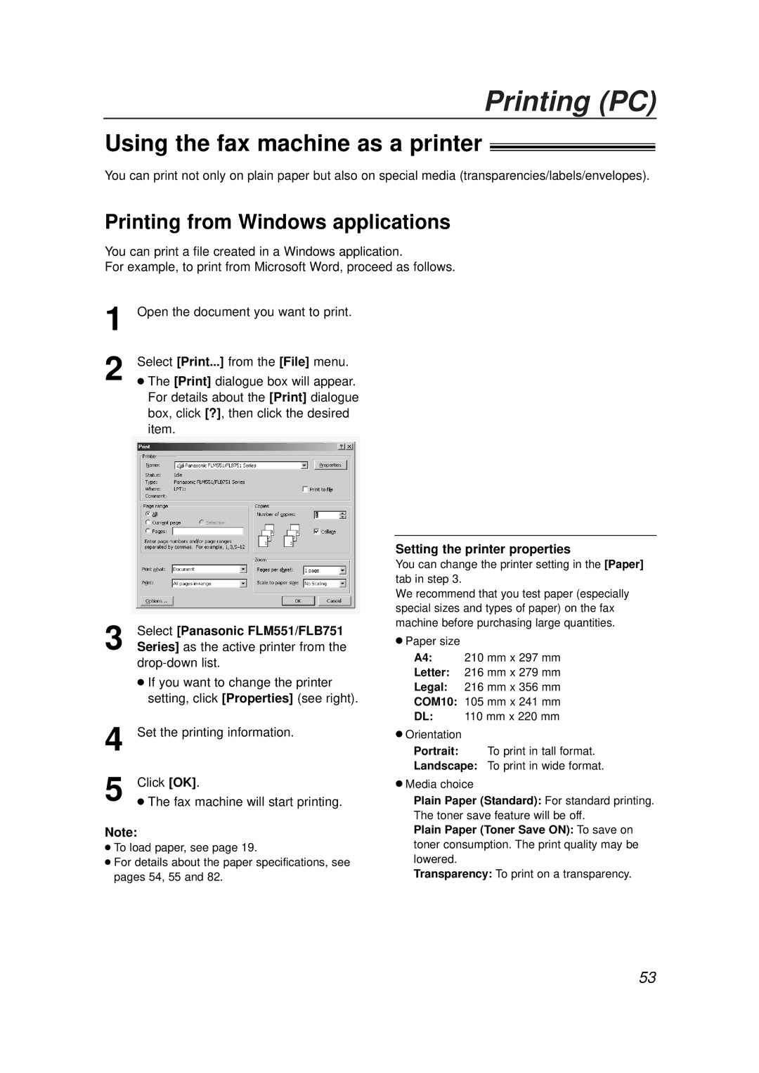 Panasonic KX-FLB756E manual Printing PC, Using the fax machine as a printer, Printing from Windows applications 