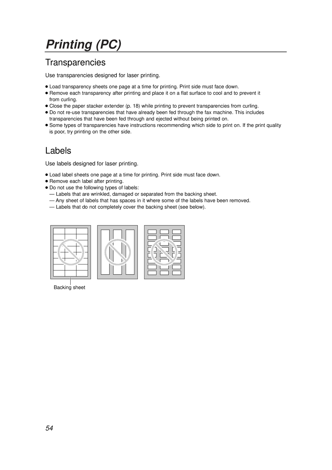 Panasonic KX-FLB756E manual Transparencies, Labels, Use transparencies designed for laser printing 