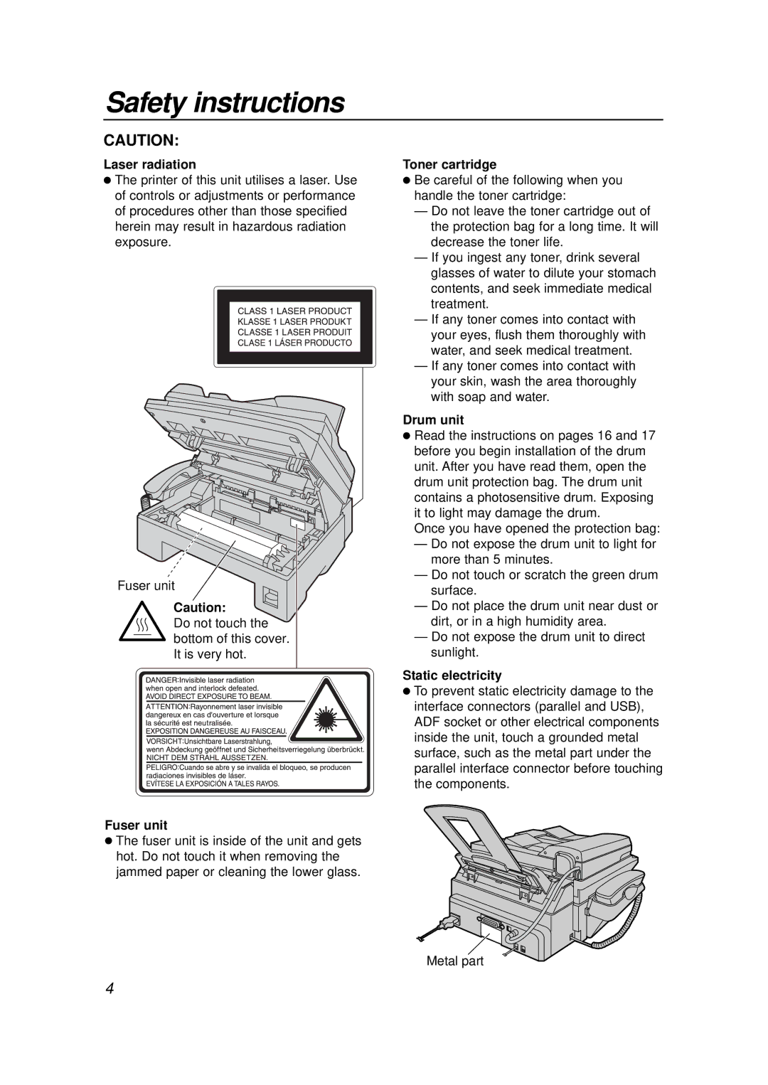 Panasonic KX-FLB756E manual Laser radiation, Fuser unit, Toner cartridge, Drum unit, Static electricity 