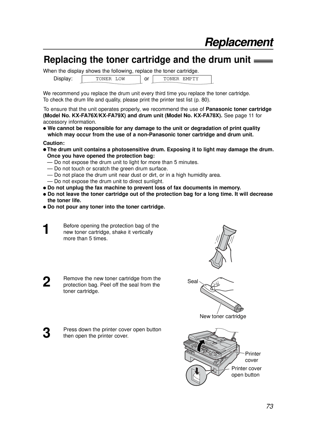 Panasonic KX-FLB756E manual Replacement, Replacing the toner cartridge and the drum unit 