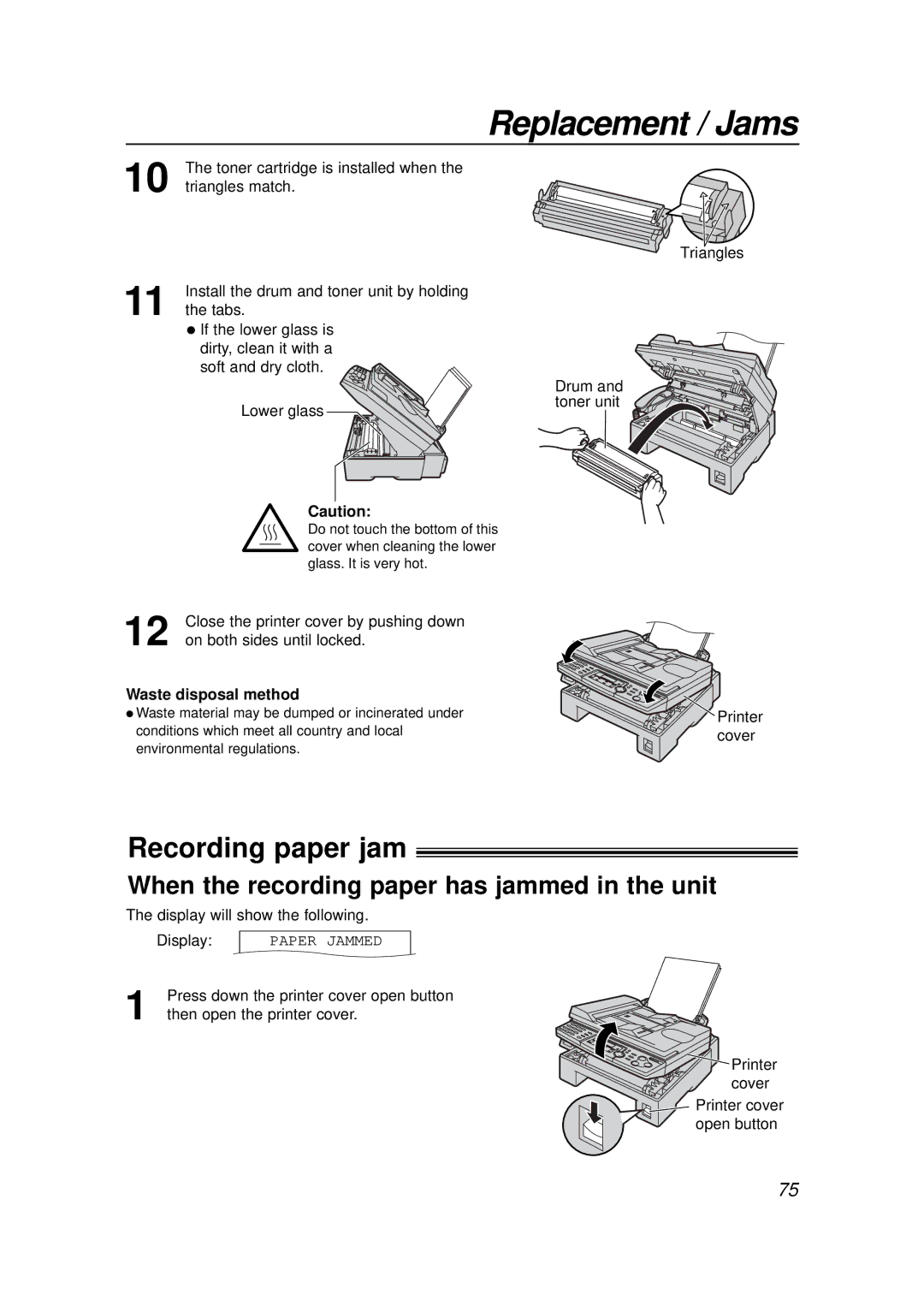 Panasonic KX-FLB756E manual Replacement / Jams, Recording paper jam, When the recording paper has jammed in the unit 