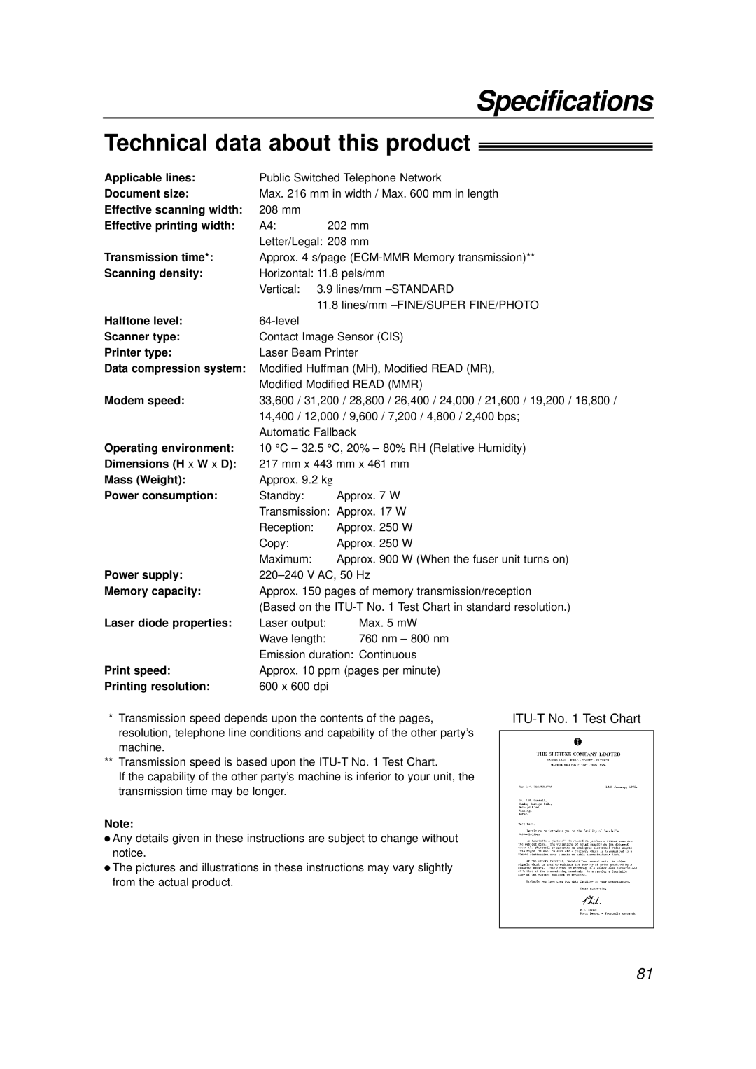 Panasonic KX-FLB756E manual Specifications, Technical data about this product, ITU-T No Test Chart 