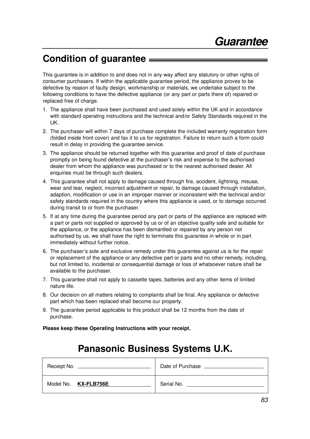 Panasonic KX-FLB756E manual Guarantee, Condition of guarantee, Panasonic Business Systems U.K 