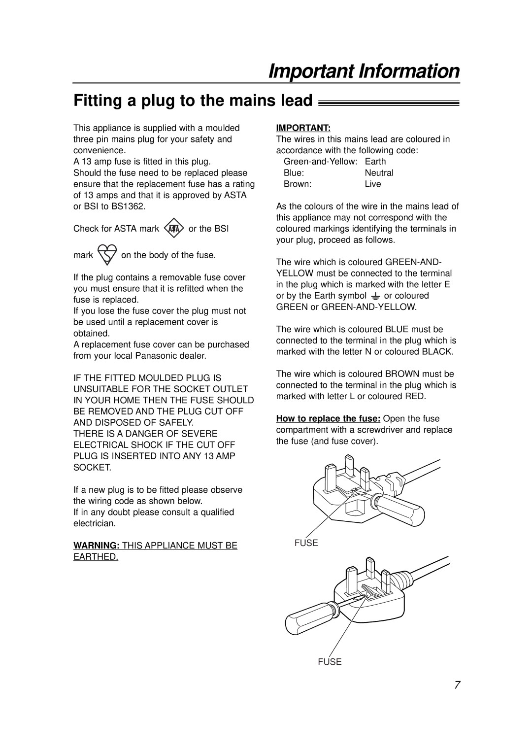 Panasonic KX-FLB756E manual Fitting a plug to the mains lead 