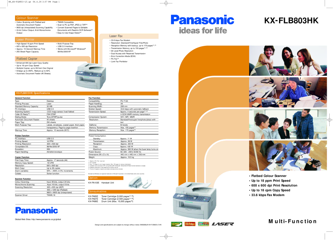 Panasonic KX-FLB803HK specifications General Function, Printer Function, Copier Function, Scanner Function, Fax Function 