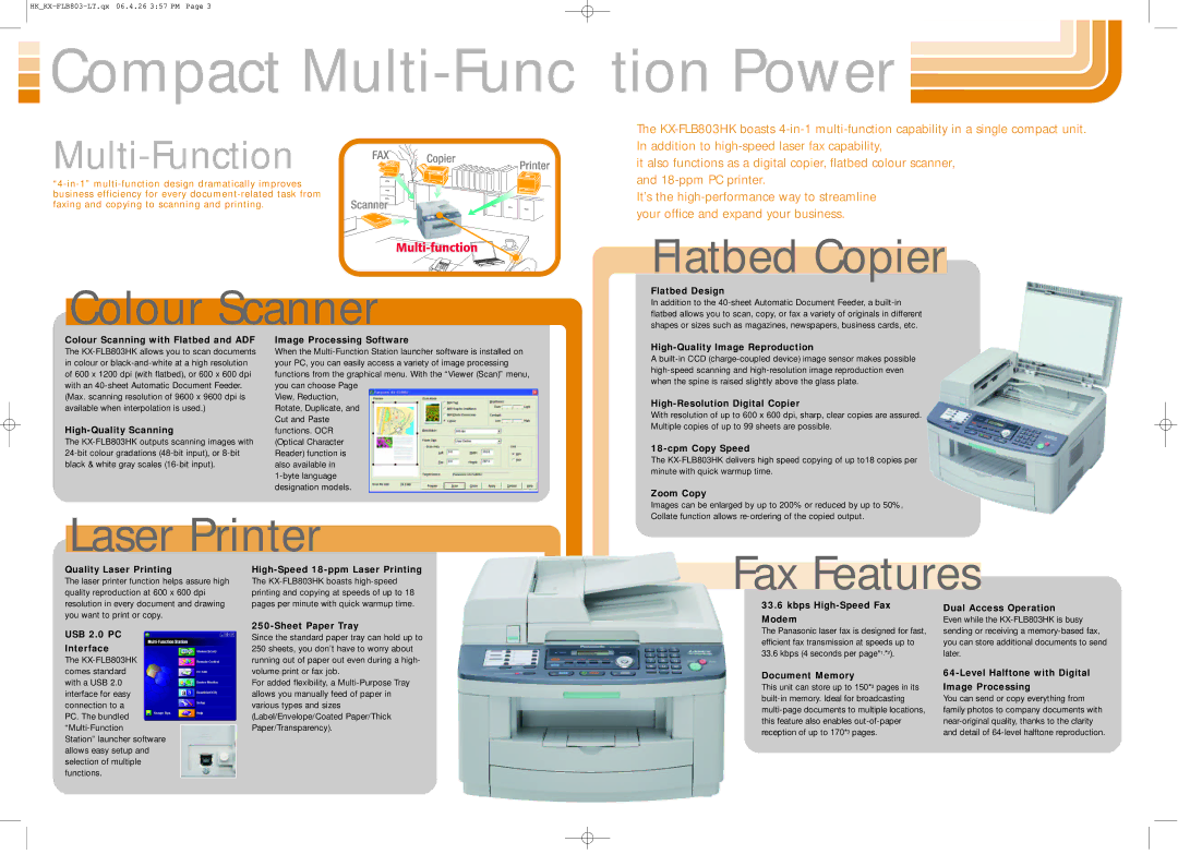 Panasonic KX-FLB803HK specifications Colour Scanner, Laser Printer, Flatbed Copier, Fax Features 