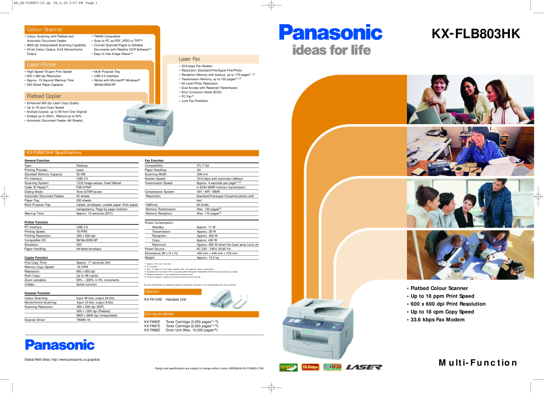 Panasonic KX-FLB803HK specifications Multi-Function, Colour Scanner, Laser Printer, Flatbed Copier, Laser Fax, Option 