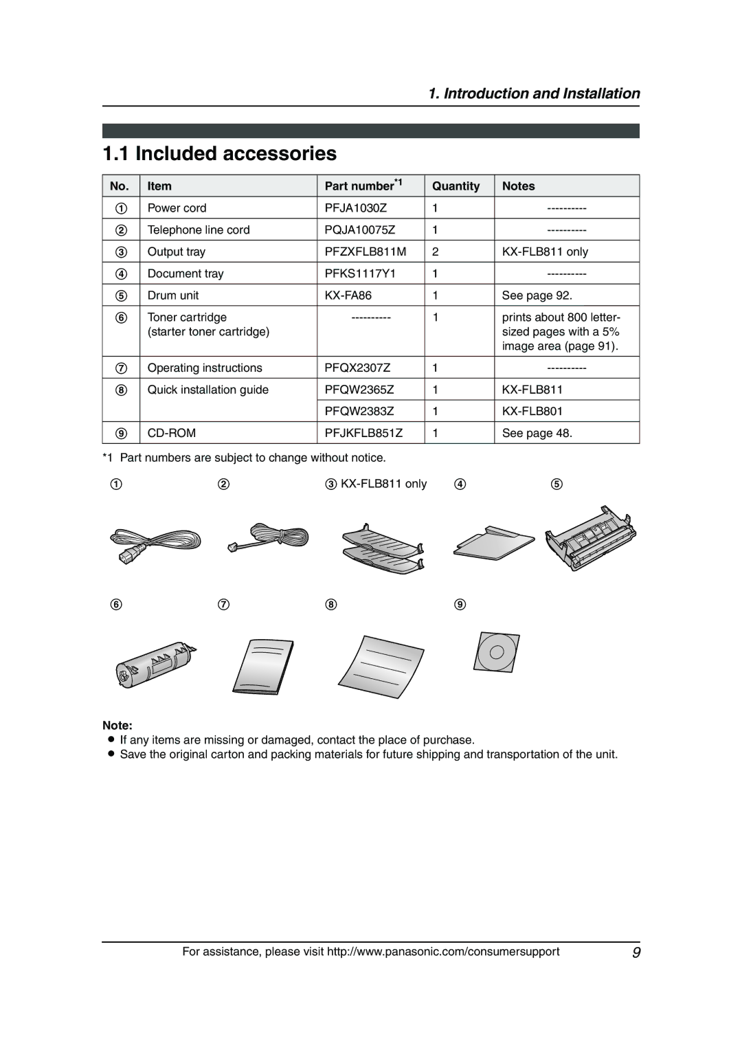 Panasonic KX-FLB811 manual Included accessories, Part number*1 Quantity 