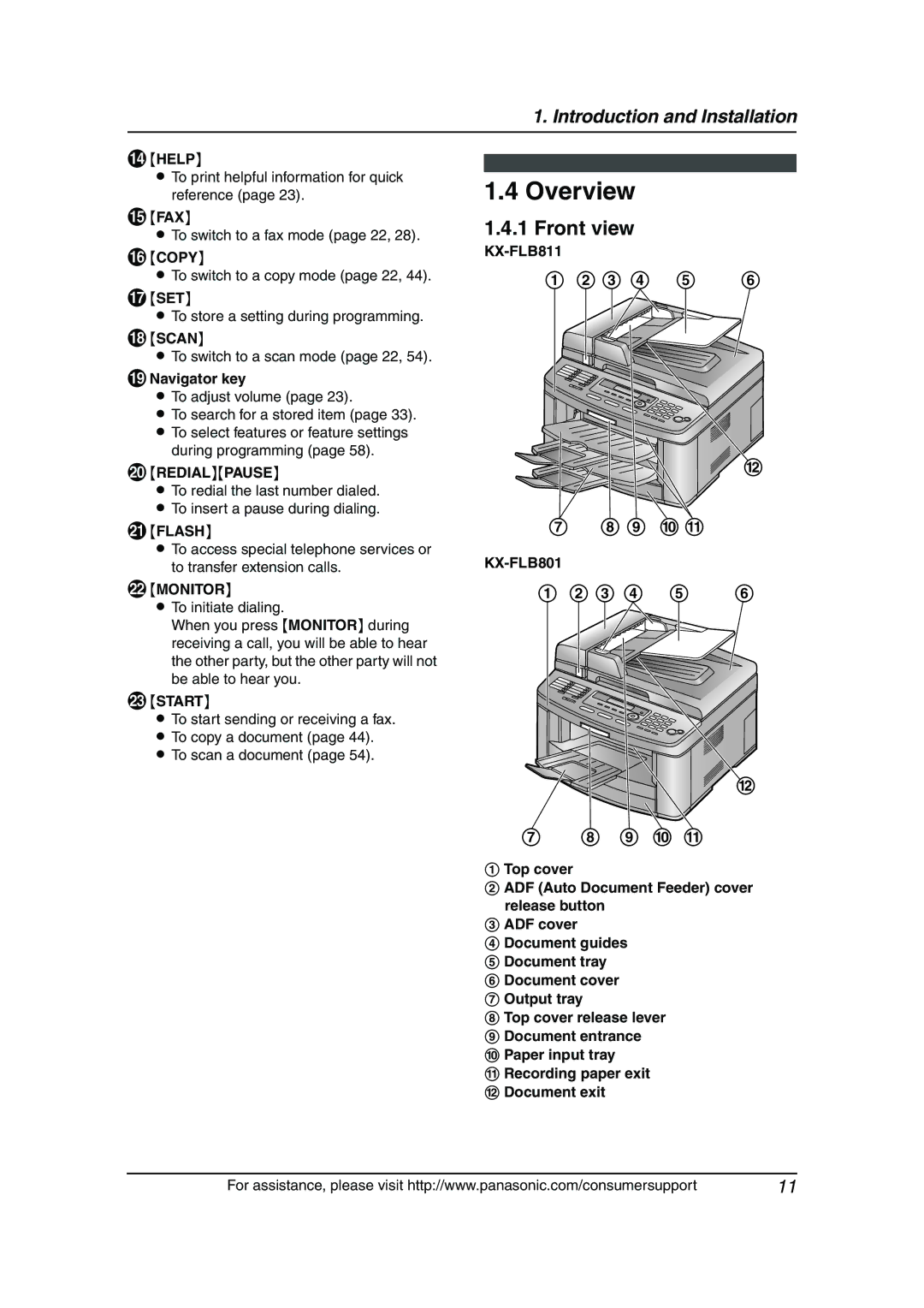 Panasonic KX-FLB811 manual Overview, Front view 