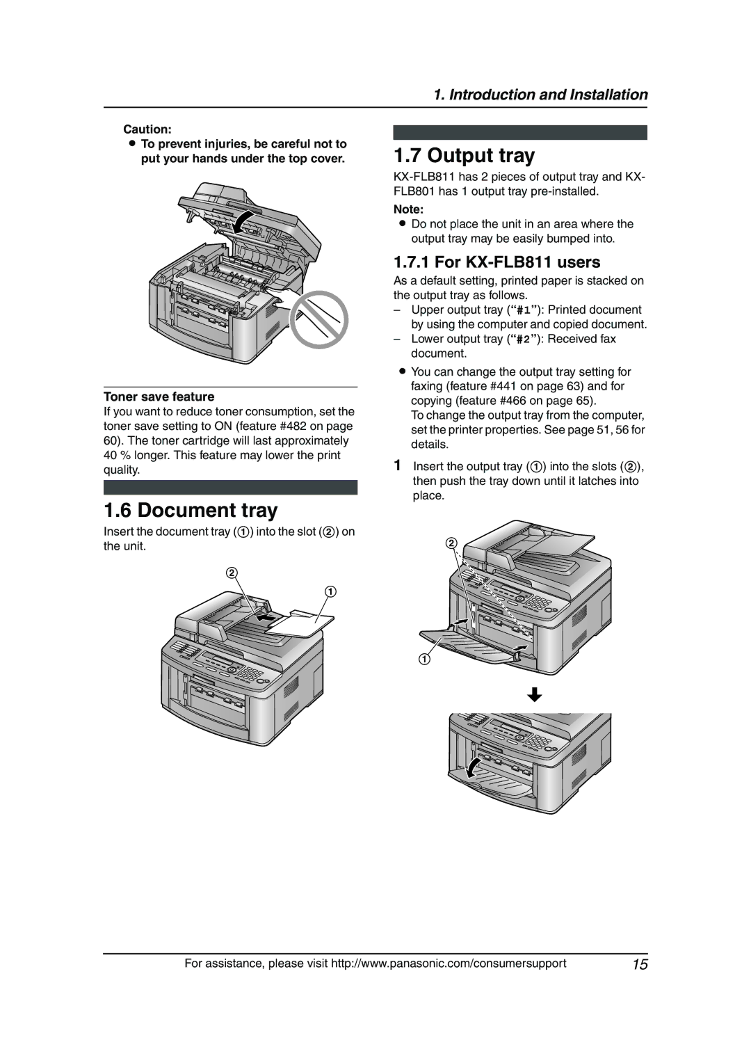 Panasonic manual Document tray, Output tray, For KX-FLB811 users, Toner save feature 