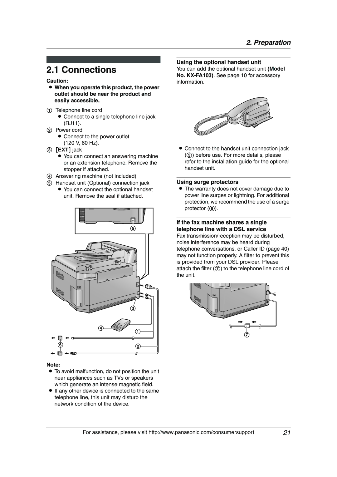 Panasonic KX-FLB811 manual Connections, Using the optional handset unit, Using surge protectors 