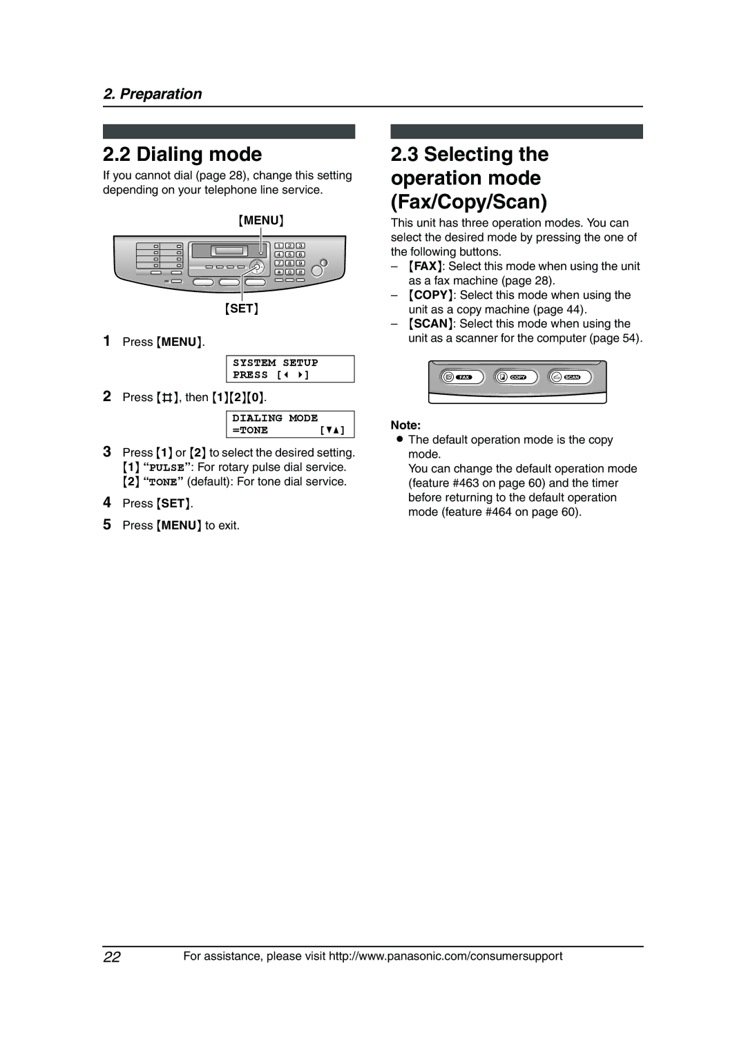 Panasonic KX-FLB811 manual Dialing mode, Selecting the operation mode Fax/Copy/Scan, Menu SET, System Setup, Dialing Mode 