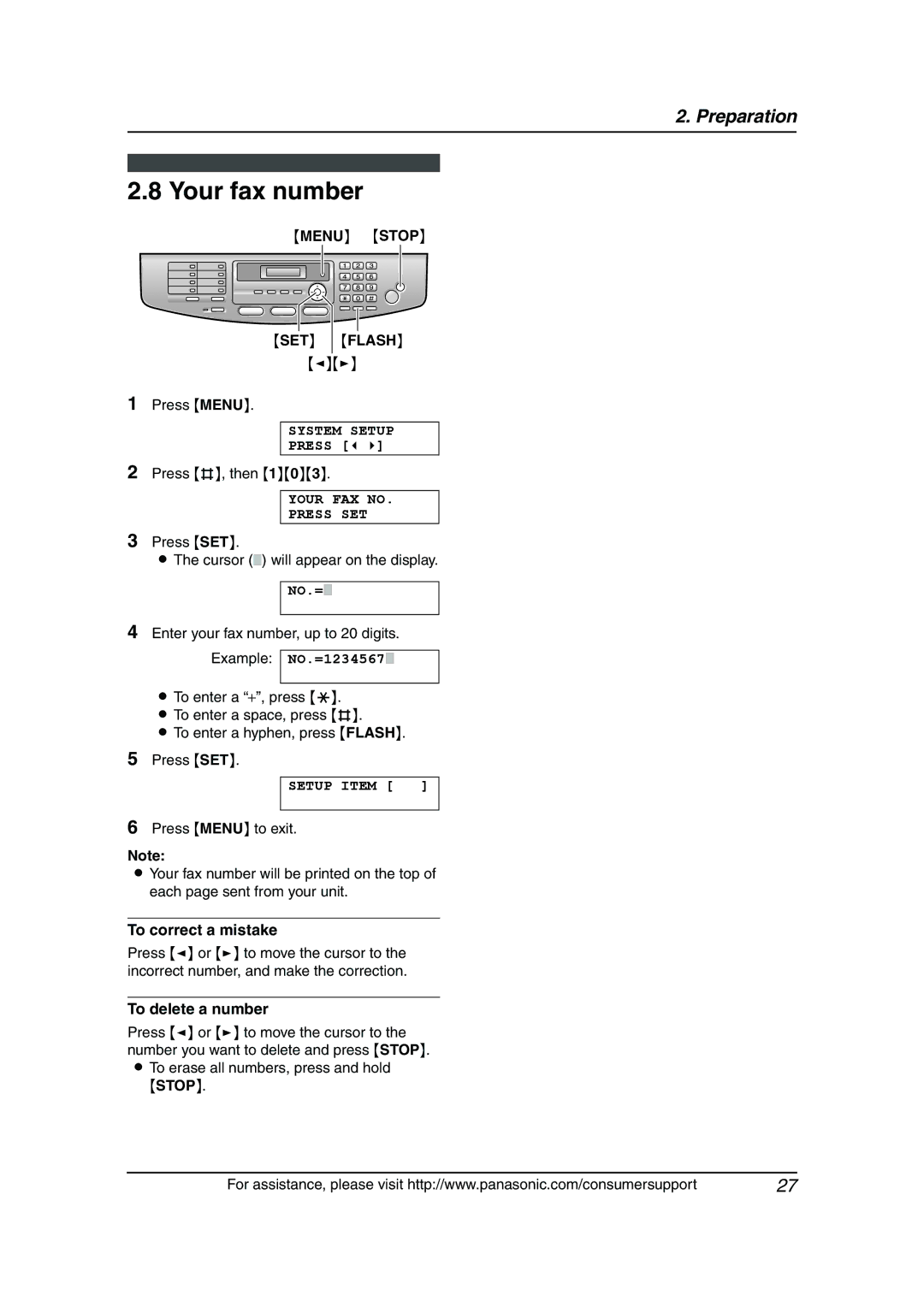 Panasonic KX-FLB811 manual Your fax number, Menu Stop SET Flash, Your FAX no Press SET, To delete a number 