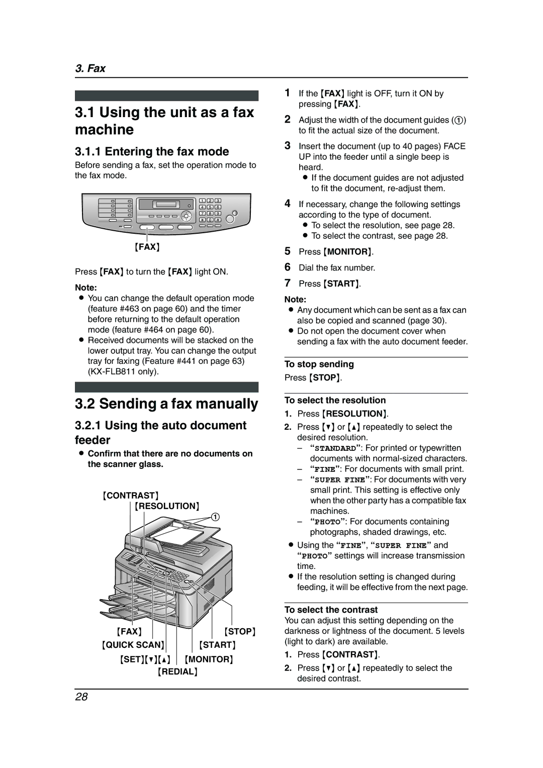 Panasonic KX-FLB811 Using the unit as a fax machine, Sending a fax manually, Entering the fax mode 