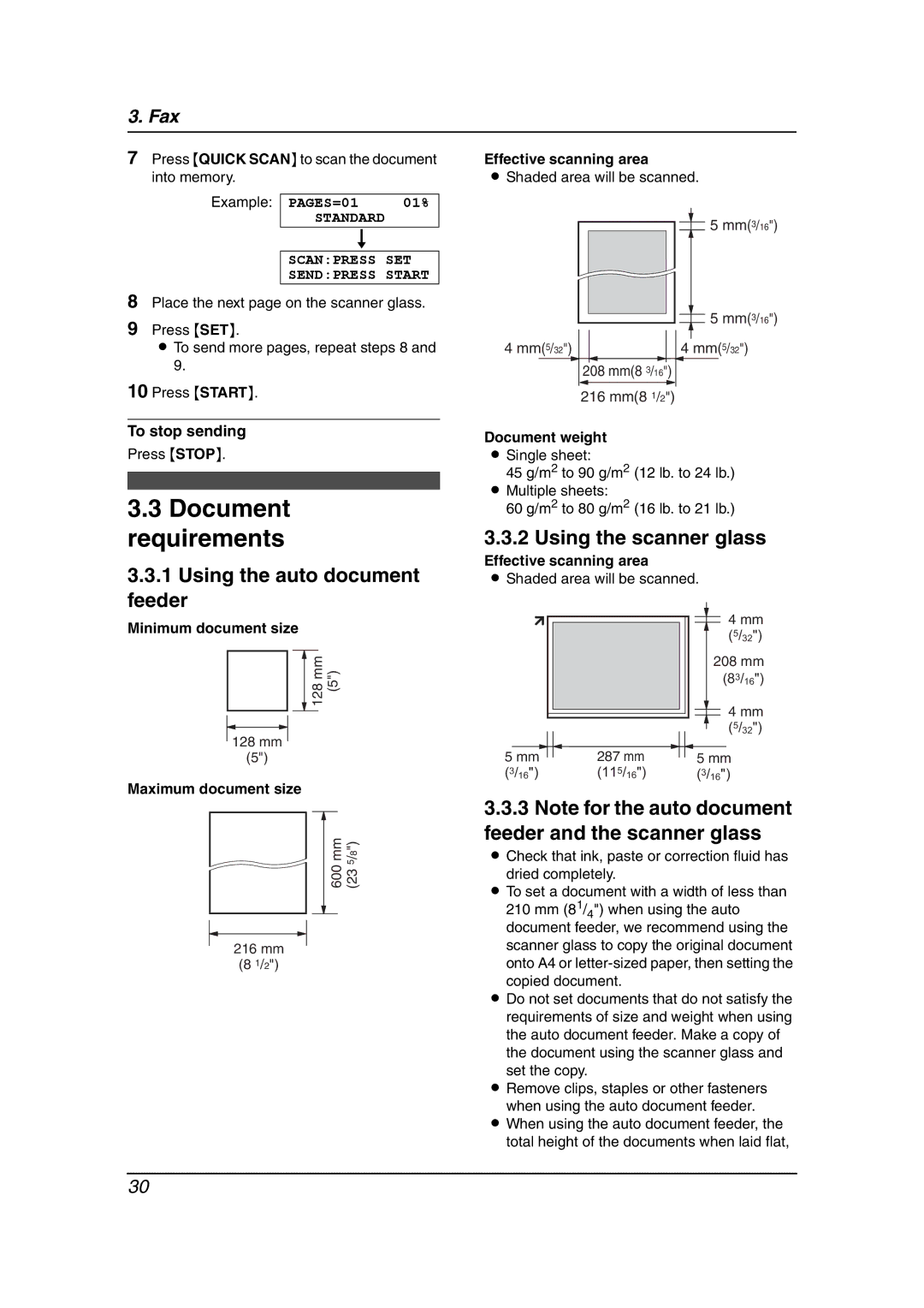 Panasonic KX-FLB811 manual Example, PAGES=01, Standard, Effective scanning area, Document weight 