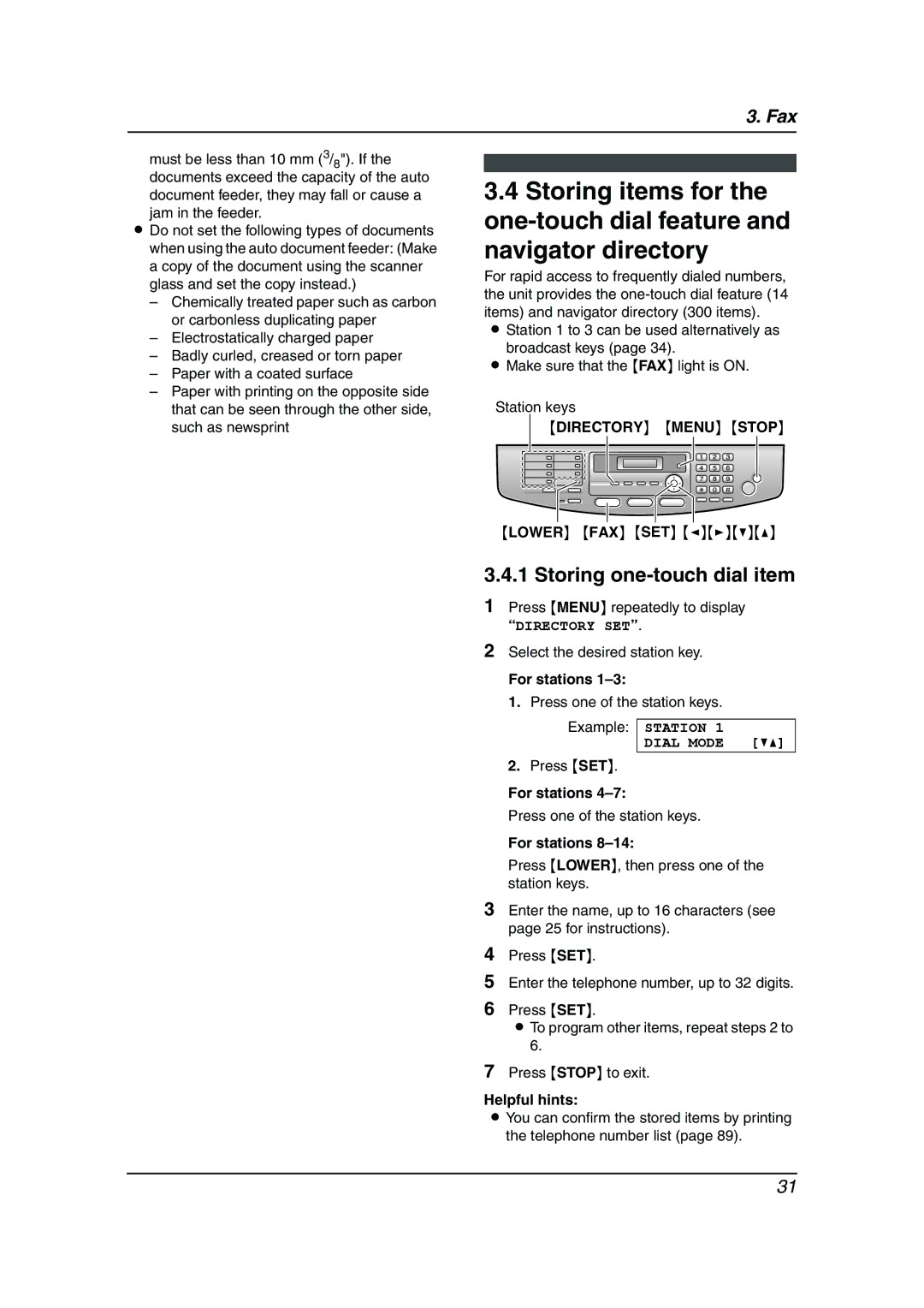 Panasonic KX-FLB811 manual Storing one-touch dial item, Directory Menu Stop, For stations, Dial Mode, Helpful hints 