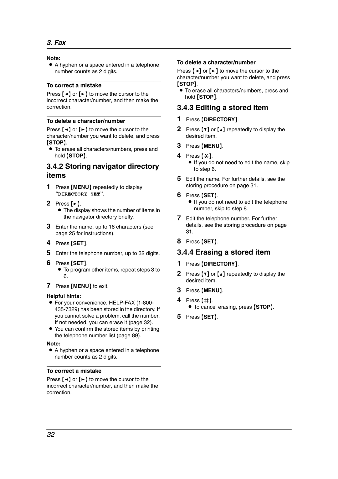 Panasonic KX-FLB811 manual Storing navigator directory items, Editing a stored item, Erasing a stored item, Press Directory 