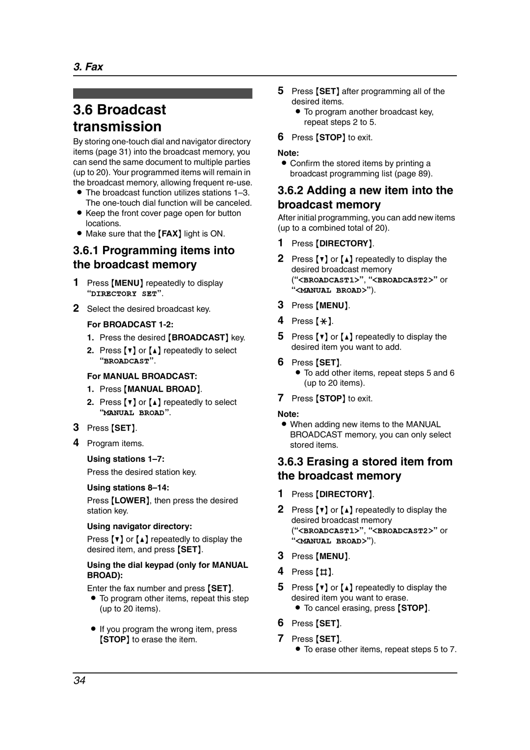 Panasonic KX-FLB811 manual Broadcast transmission, Programming items into the broadcast memory 