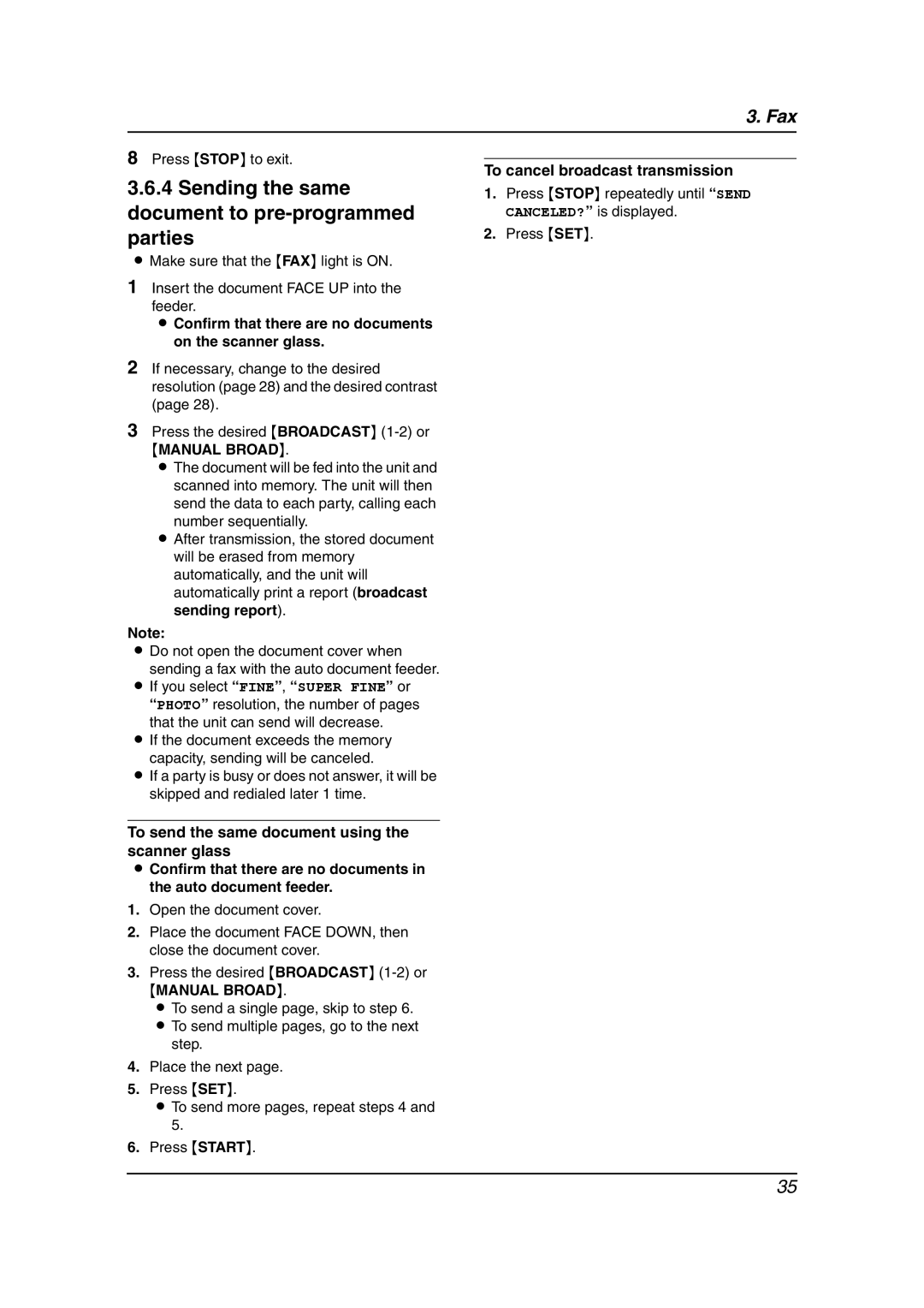 Panasonic KX-FLB811 manual Sending the same document to pre-programmed parties, To cancel broadcast transmission 