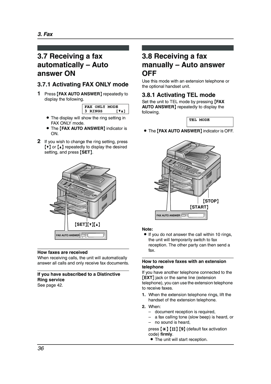 Panasonic KX-FLB811 Receiving a fax automatically Auto answer on, Receiving a fax manually Auto answer, Stop Start 