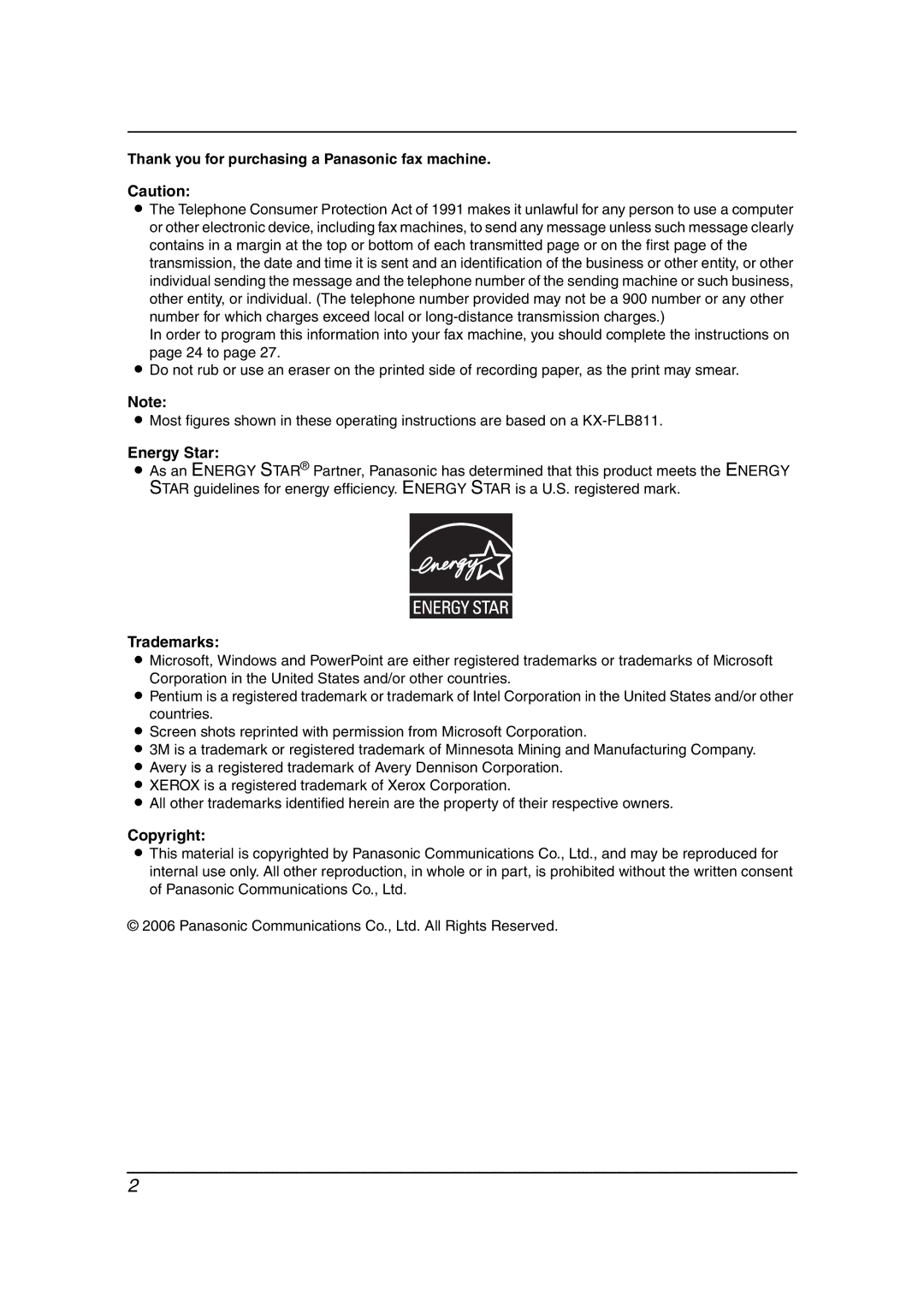 Panasonic KX-FLB811 manual Thank you for purchasing a Panasonic fax machine, Energy Star, Trademarks, Copyright 