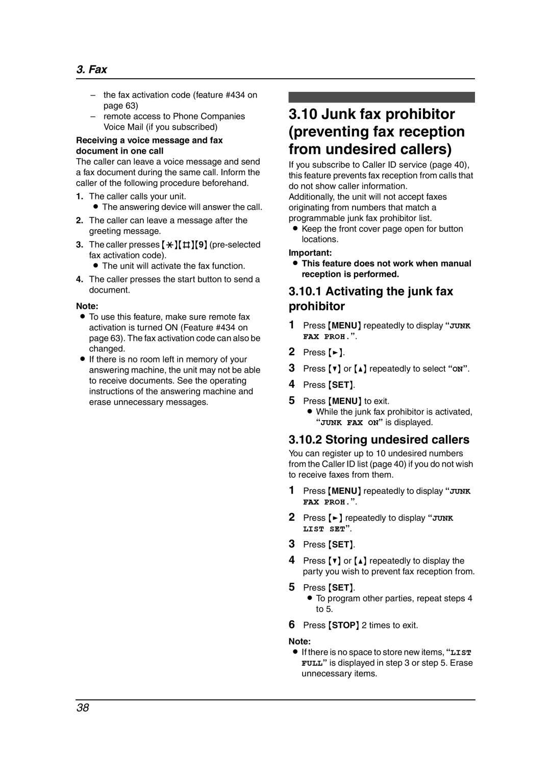 Panasonic KX-FLB811 Activating the junk fax prohibitor, Storing undesired callers, Fax activation code feature #434 on 