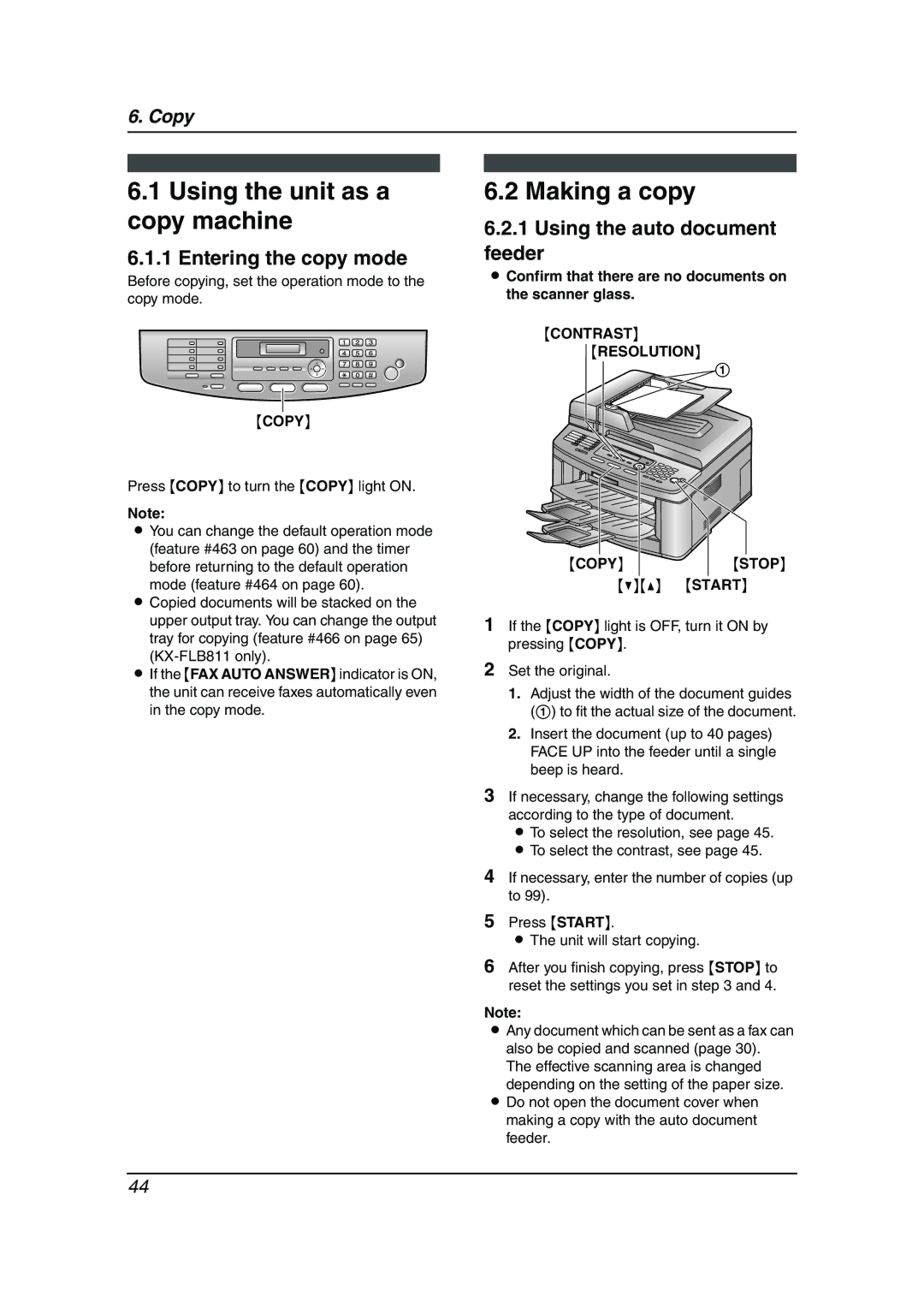 Panasonic KX-FLB811 manual Using the unit as a copy machine, Making a copy, Entering the copy mode, Copy Stop 