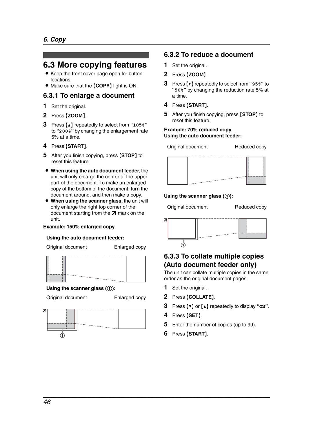 Panasonic KX-FLB811 manual More copying features, To enlarge a document, Original document, Using the scanner glass 