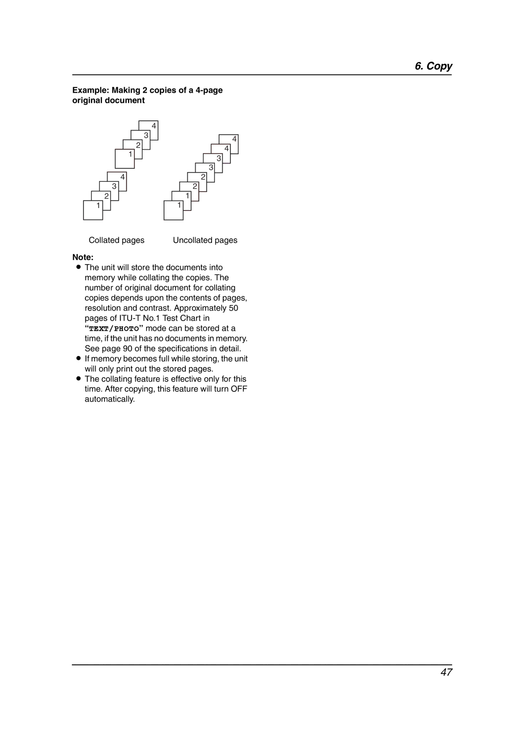 Panasonic KX-FLB811 manual Example Making 2 copies of a 4-page original document, Collated pages Uncollated pages 