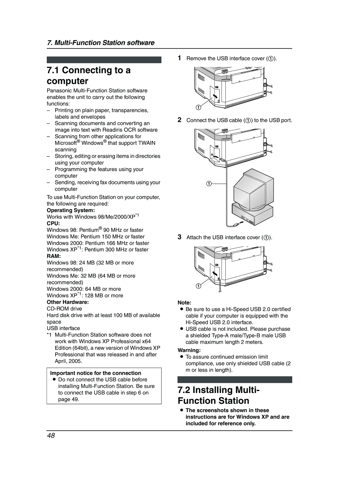 Panasonic KX-FLB811 manual Connecting to a computer, Installing Multi- Function Station, Cpu, Ram 