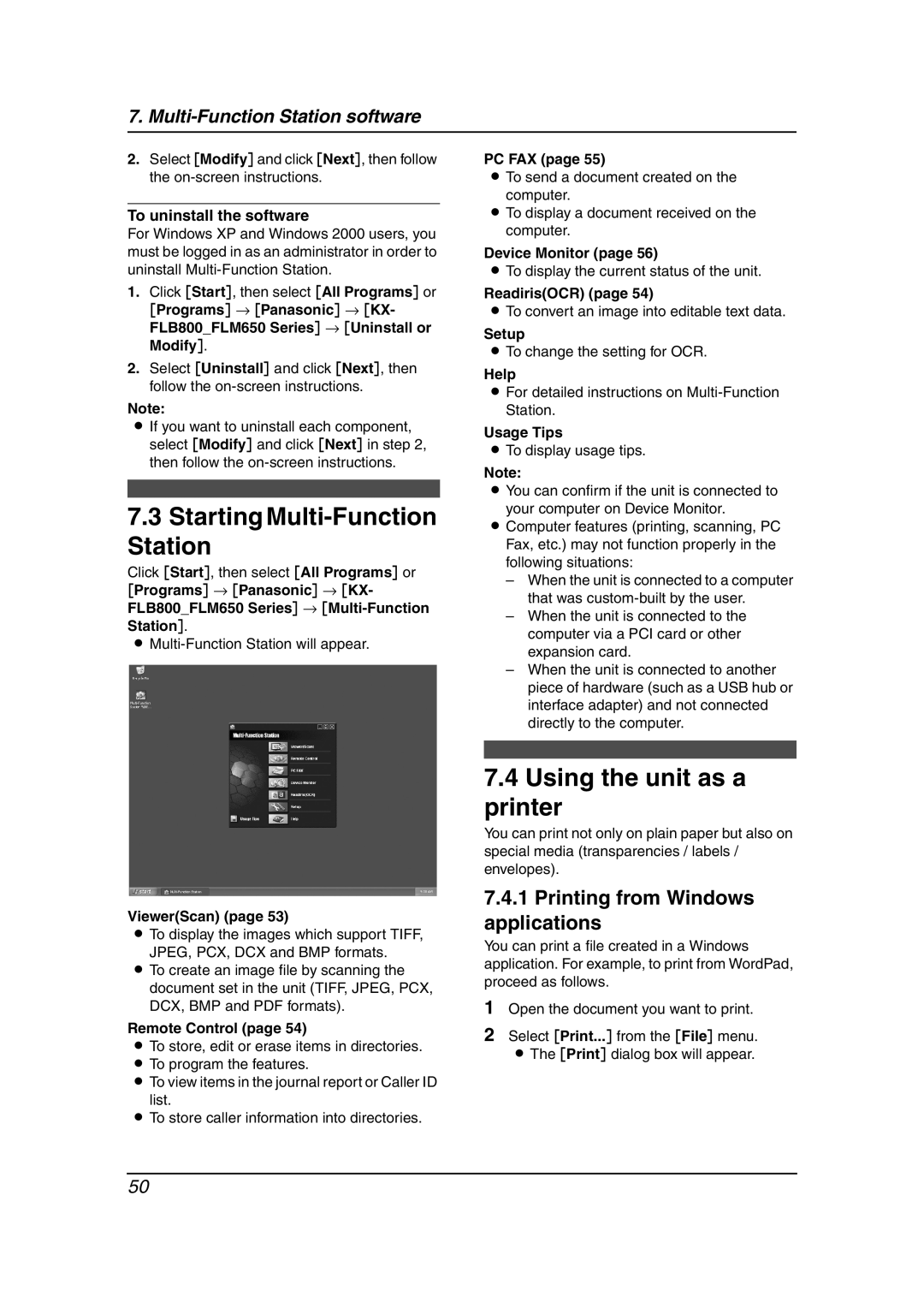 Panasonic KX-FLB811 manual Starting Multi-Function Station, Using the unit as a printer, Printing from Windows applications 