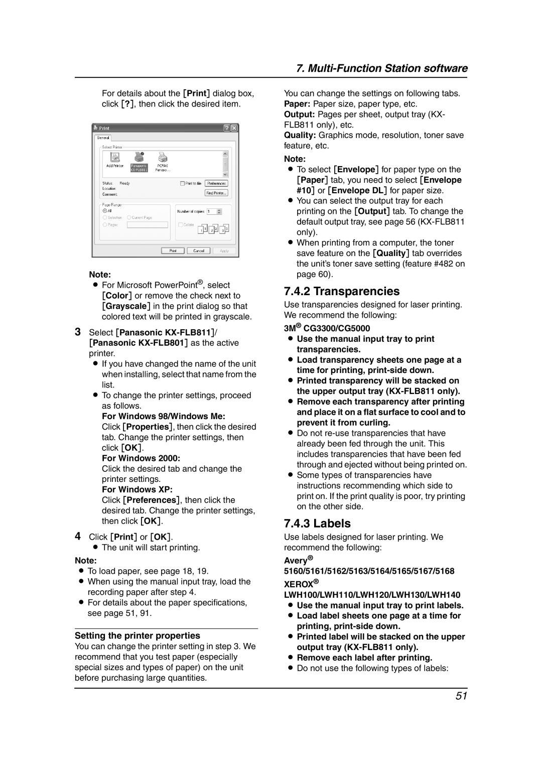 Panasonic KX-FLB811 manual Transparencies, Labels 