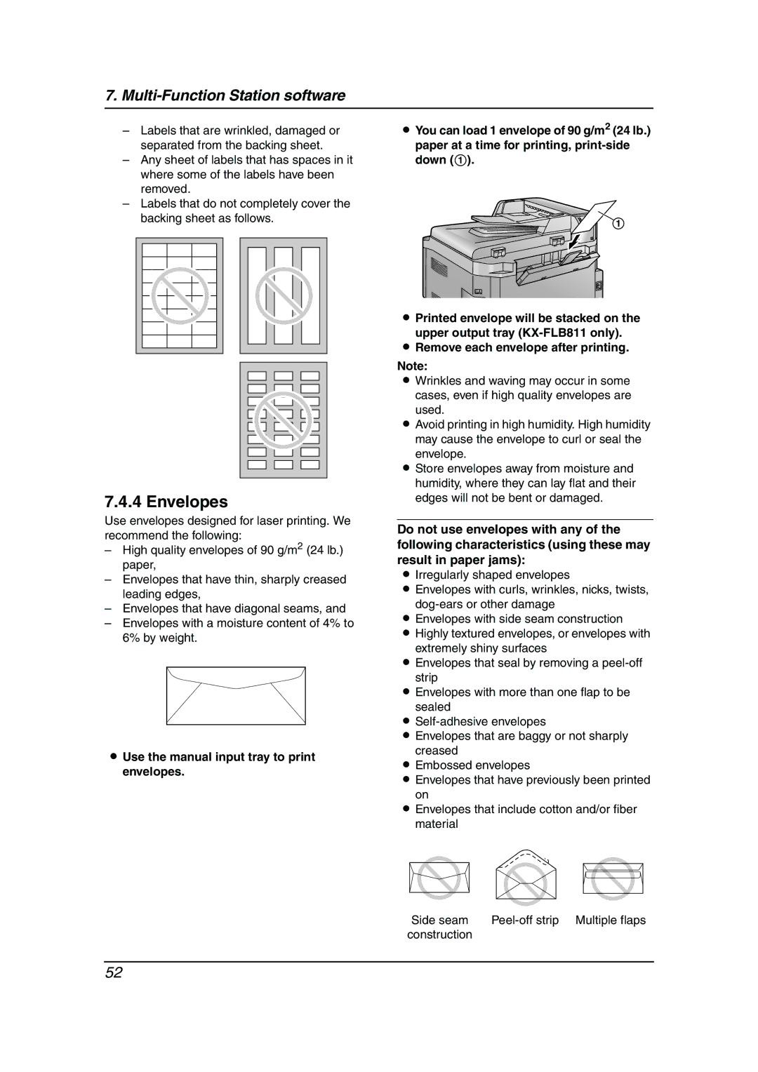 Panasonic KX-FLB811 manual Envelopes, Remove each envelope after printing, Peel-off strip Multiple flaps 