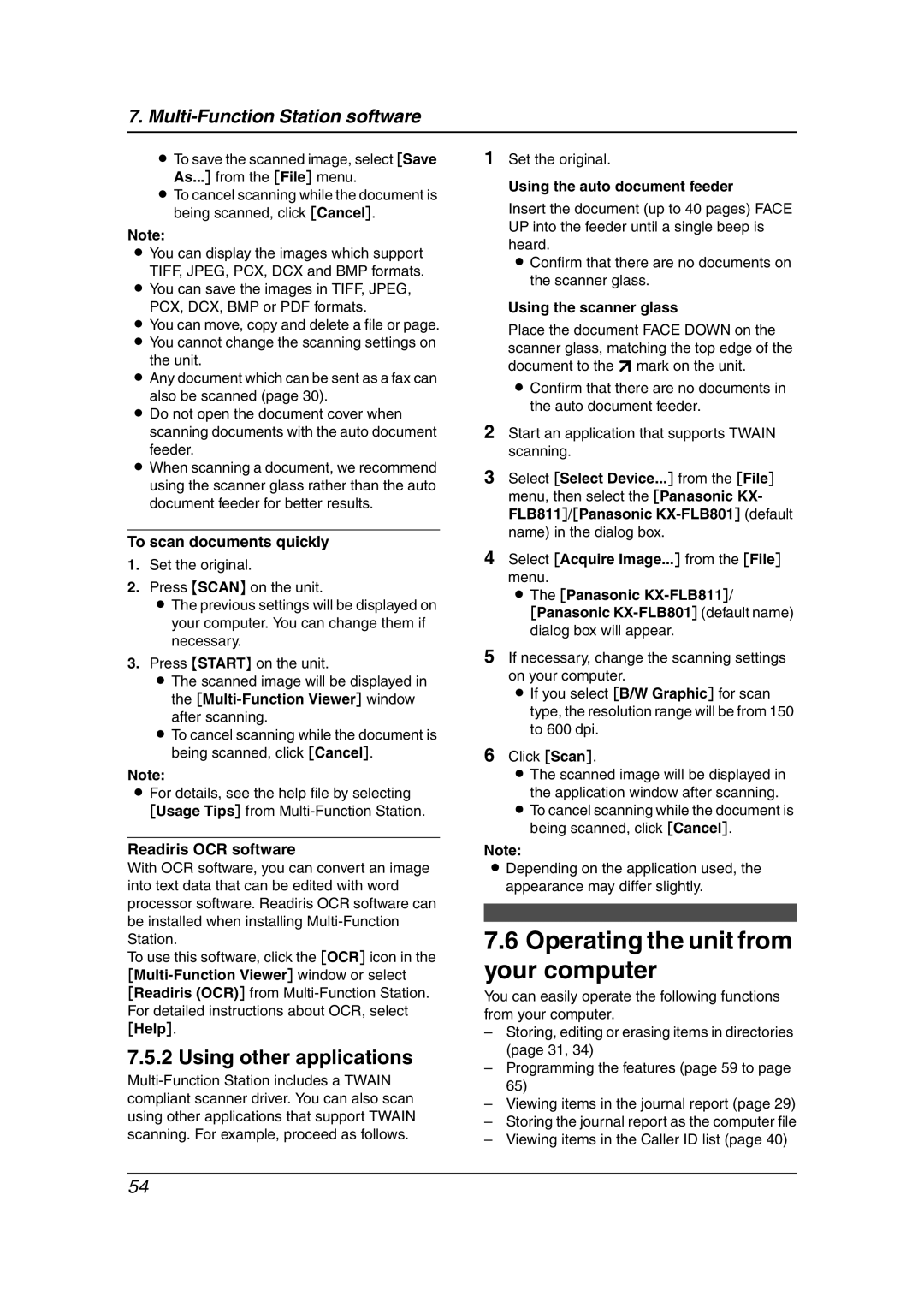 Panasonic KX-FLB811 manual Operating the unit from your computer, Using other applications, To scan documents quickly 