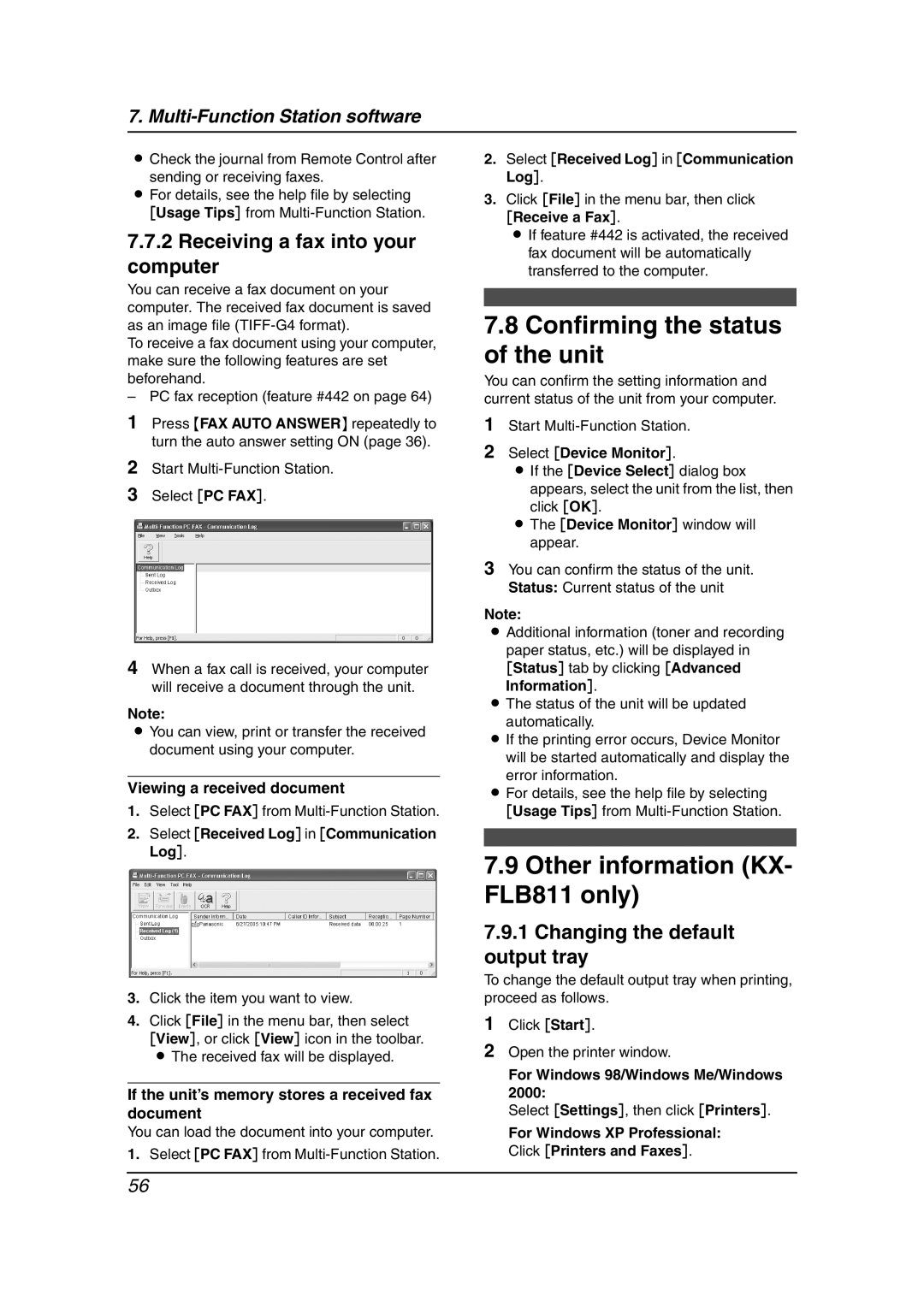 Panasonic KX-FLB811 Confirming the status of the unit, Other information KX- FLB811 only, Changing the default output tray 