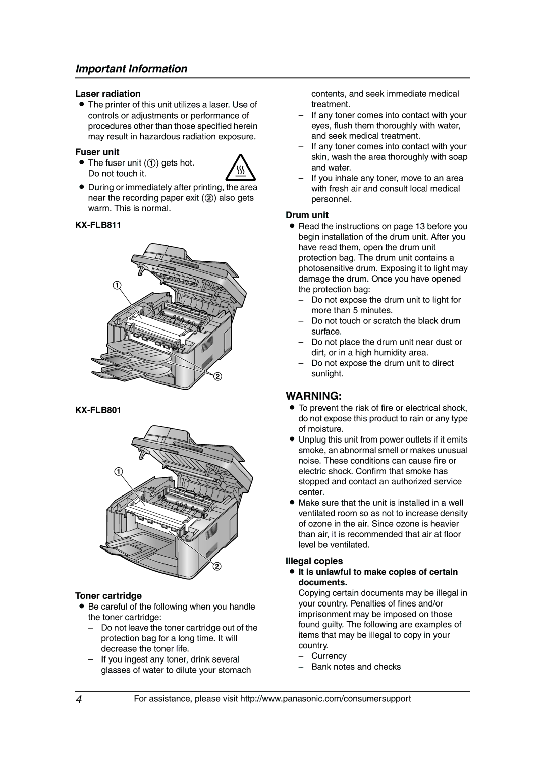 Panasonic manual Laser radiation, Fuser unit, KX-FLB811 KX-FLB801, Toner cartridge, Drum unit 