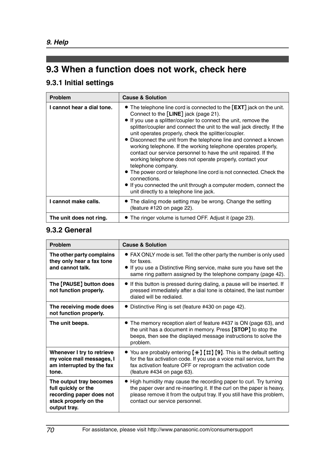 Panasonic KX-FLB811 manual When a function does not work, check here, Initial settings, General 