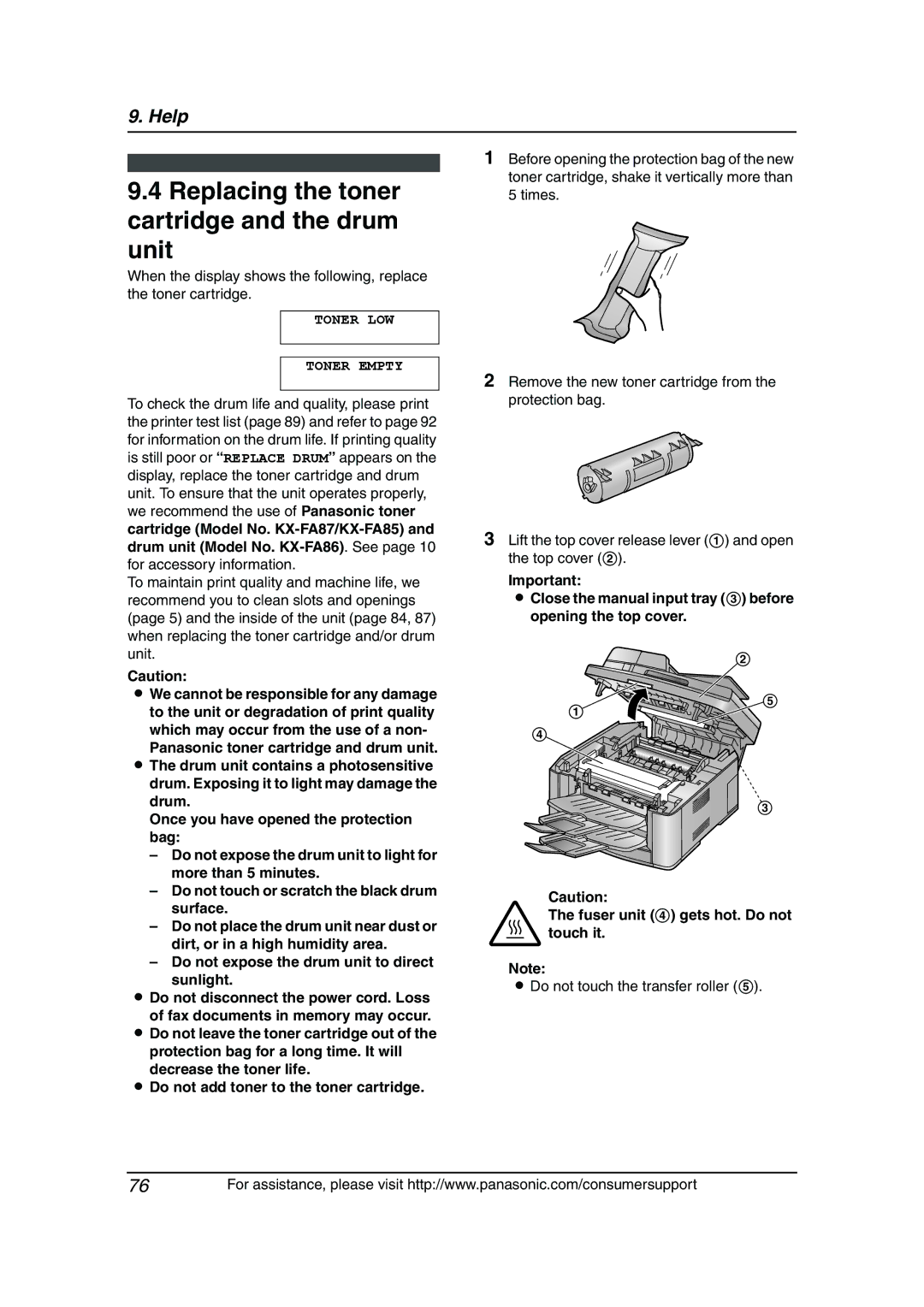 Panasonic KX-FLB811 manual Replacing the toner cartridge and the drum unit, Toner LOW Toner Empty 