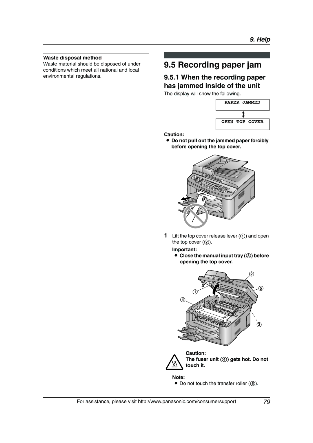 Panasonic KX-FLB811 Recording paper jam, When the recording paper has jammed inside of the unit, Waste disposal method 