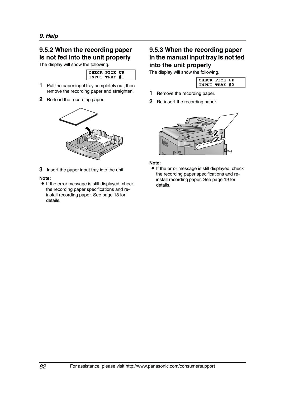 Panasonic KX-FLB811 manual When the recording paper is not fed into the unit properly, Check Pick UP Input Tray #1 