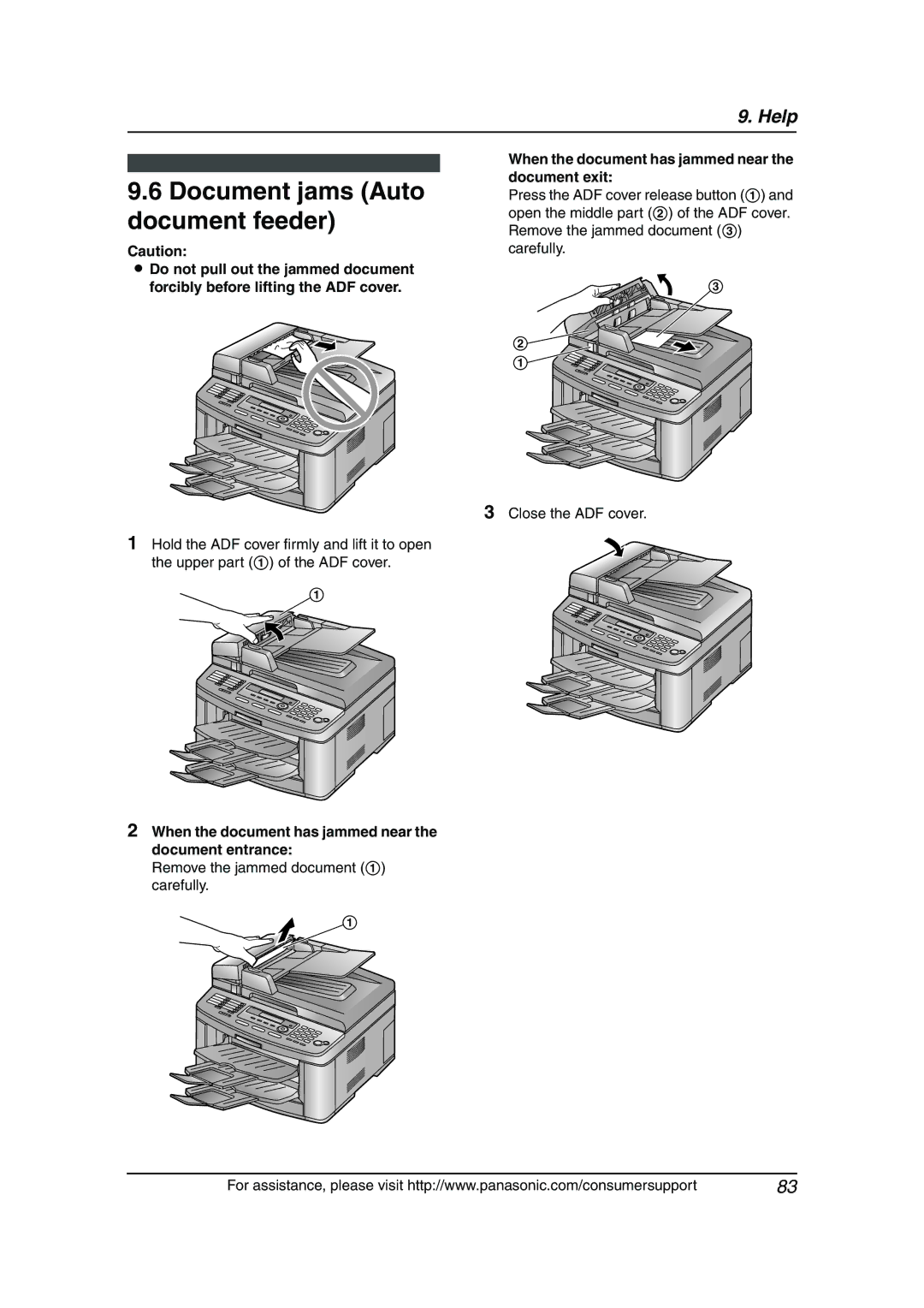 Panasonic KX-FLB811 manual Document jams Auto document feeder, When the document has jammed near the document exit 