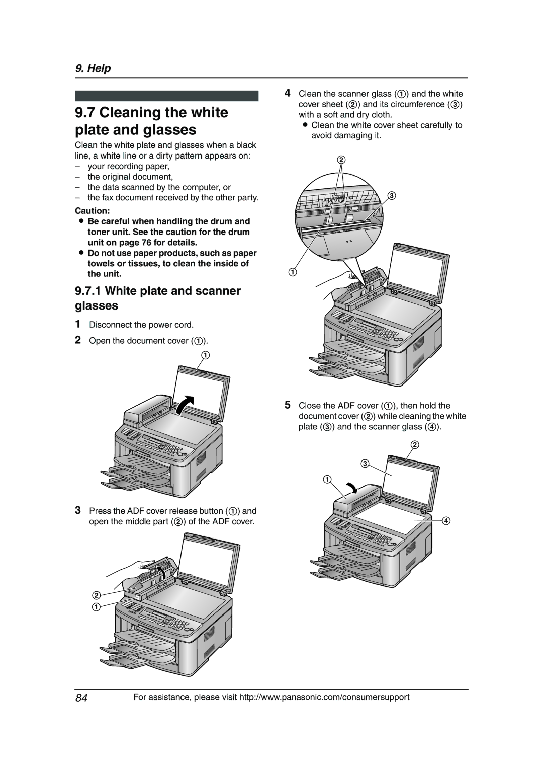 Panasonic KX-FLB811 manual Cleaning the white plate and glasses, White plate and scanner glasses 