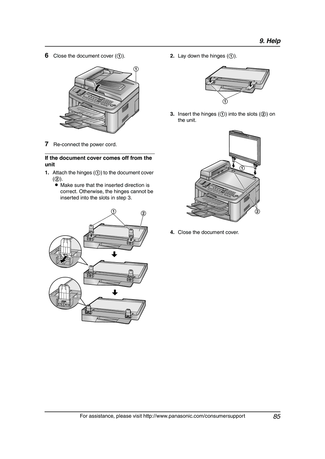 Panasonic KX-FLB811 Close the document cover Re-connect the power cord, If the document cover comes off from the unit 