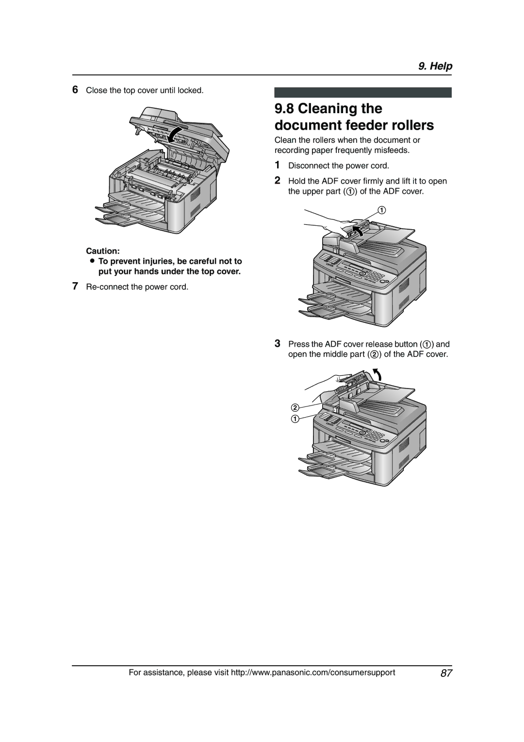 Panasonic KX-FLB811 manual Cleaning the document feeder rollers, Close the top cover until locked 