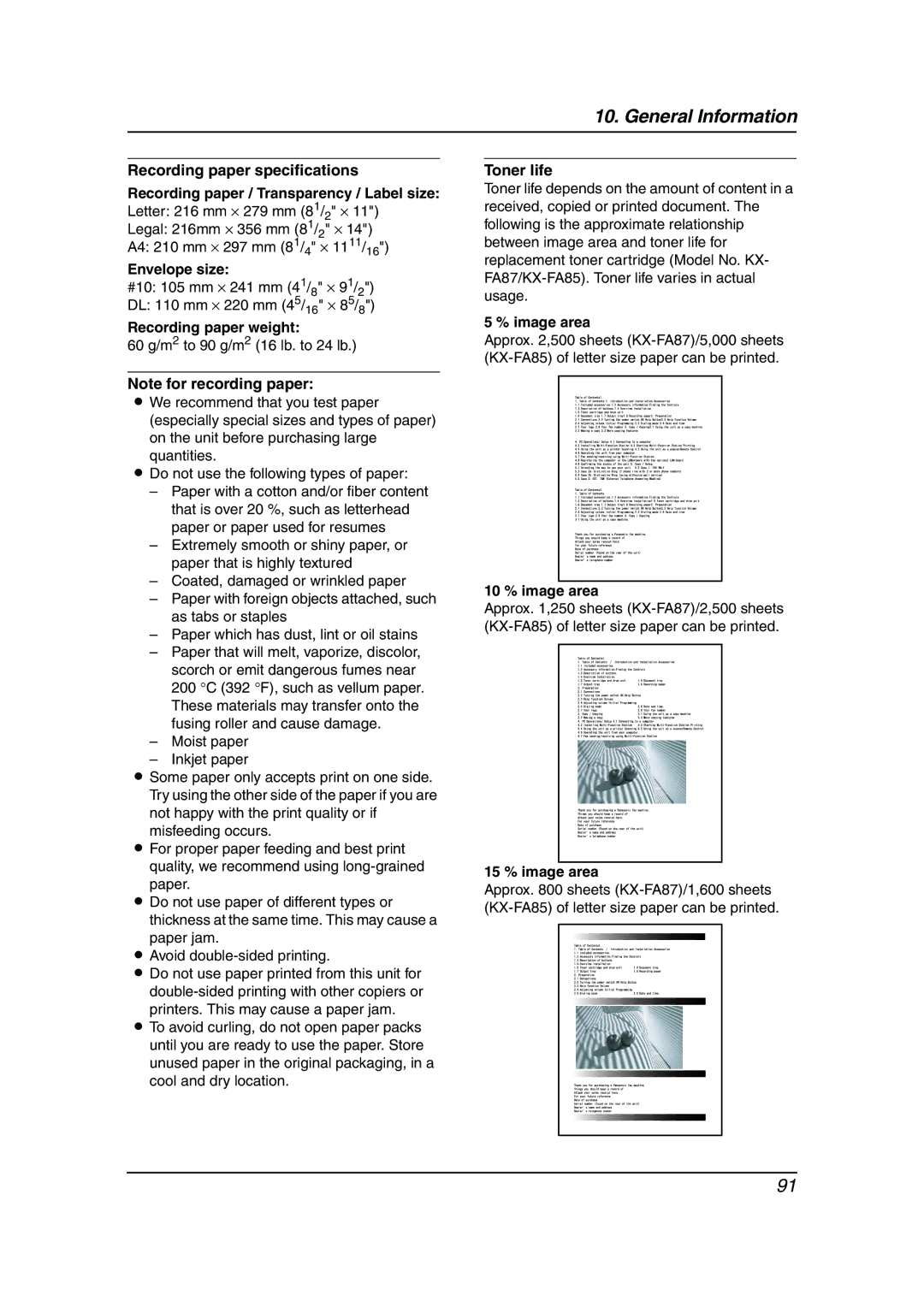 Panasonic KX-FLB811 manual Envelope size, Recording paper weight, Toner life, 10 % image area, 15 % image area 