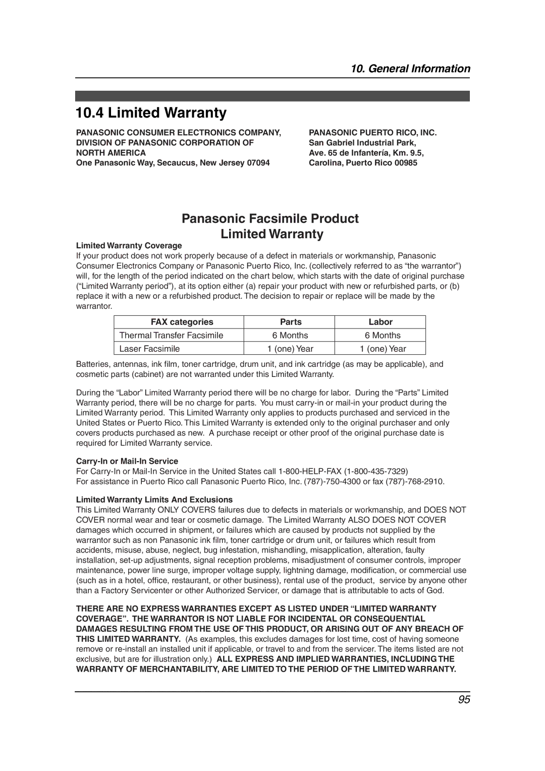 Panasonic KX-FLB811 manual Limited Warranty, FAX categories Parts Labor, Thermal Transfer Facsimile, Laser Facsimile 