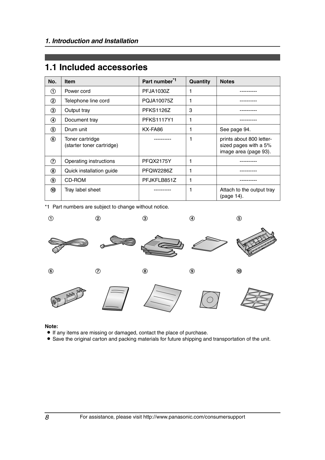 Panasonic KX-FLB851 manual Included accessories, Introduction and Installation, Part number*1, Quantity 