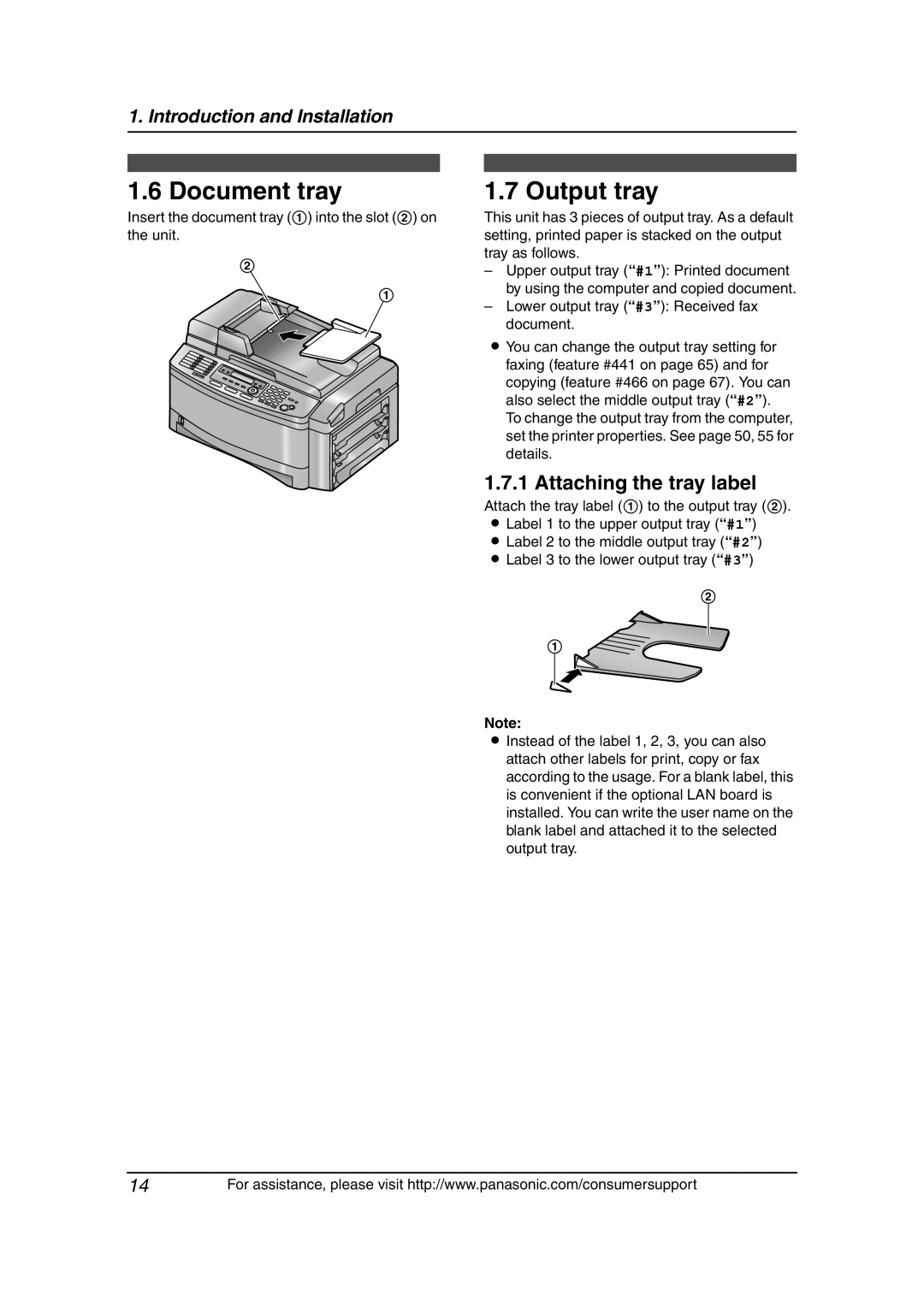Panasonic KX-FLB851 manual Document tray, Output tray, Attaching the tray label, Introduction and Installation 