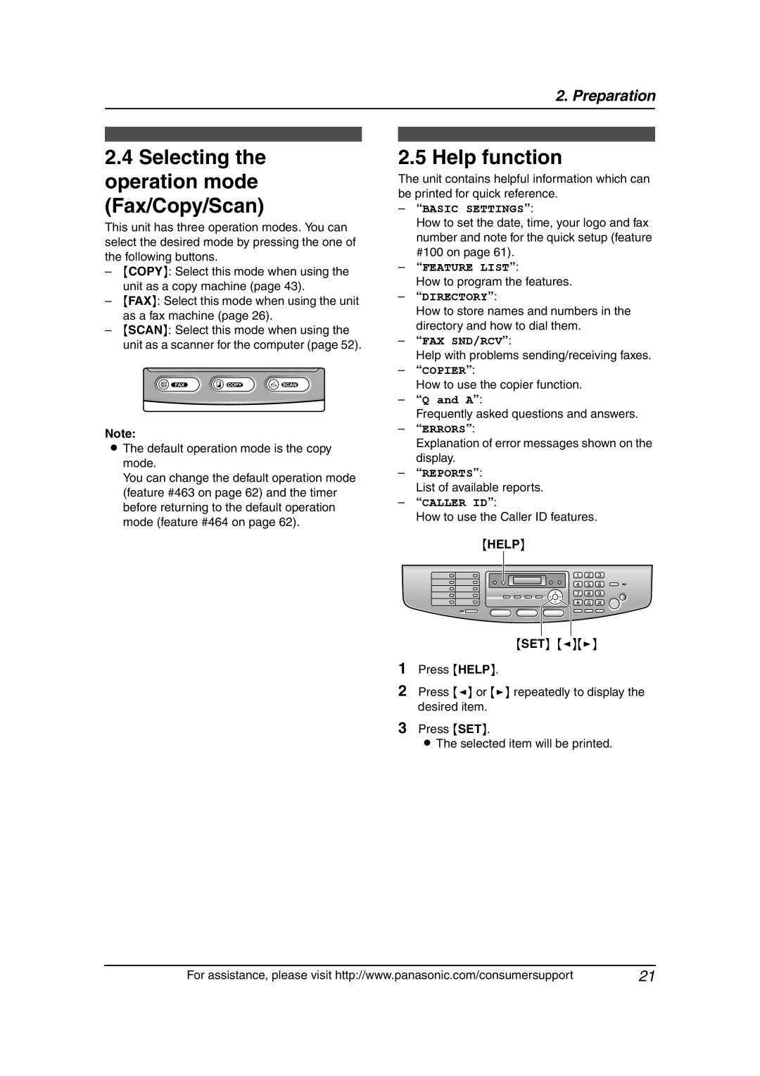 Panasonic KX-FLB851 Selecting the operation mode Fax/Copy/Scan, Help function, “Basic Settings”, “Feature List”, “Copier” 