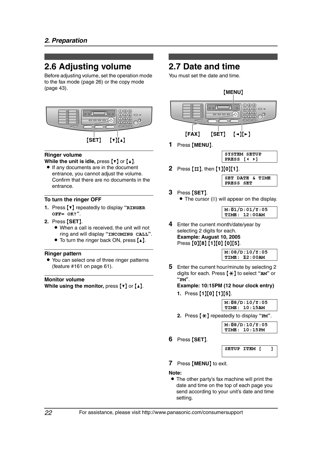 Panasonic KX-FLB851 Adjusting volume, Date and time, Ringer volume While the unit is idle, press V or, Ringer pattern 